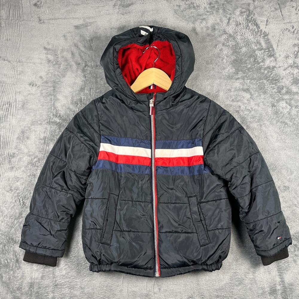 Tommy Hilfiger Puffer Jacket Kids 6 Black Fleece Hooded Water Resistant Full Zip